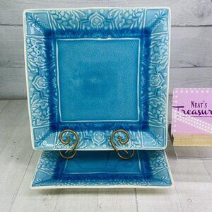 Roscher PINEAPPLE TURQUOISE Aqua Floral Crackle Design Square Dinner Plate Set 2